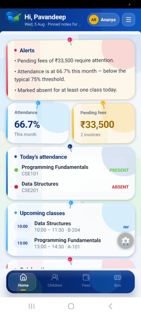 Parent home dashboard with alerts, attendance, and fees