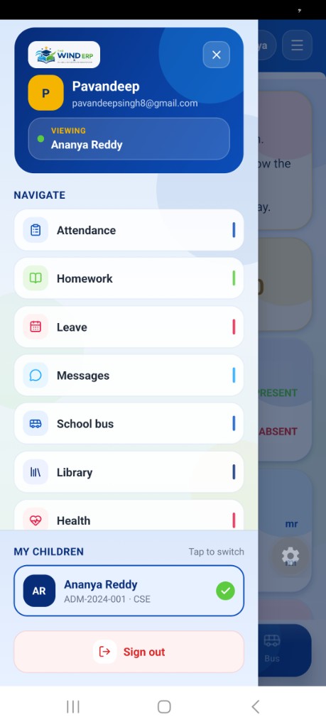 Parent app navigation drawer with attendance, homework, leave, bus and more