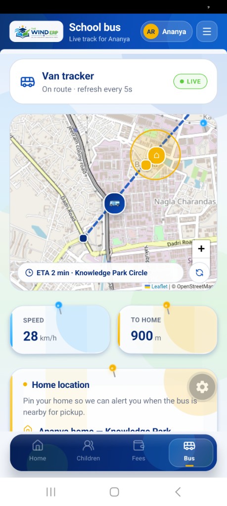 Live school bus map with ETA and distance to home
