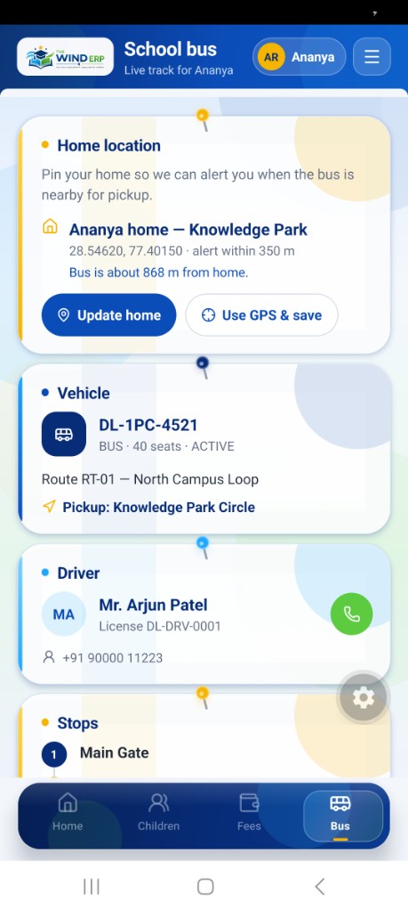 School bus home location pin and vehicle details