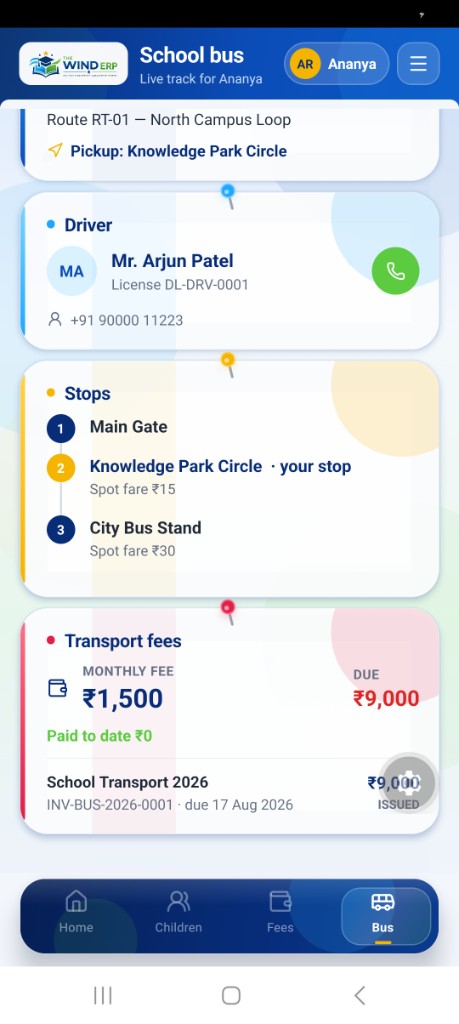 Bus route stops, driver contact, and transport fees
