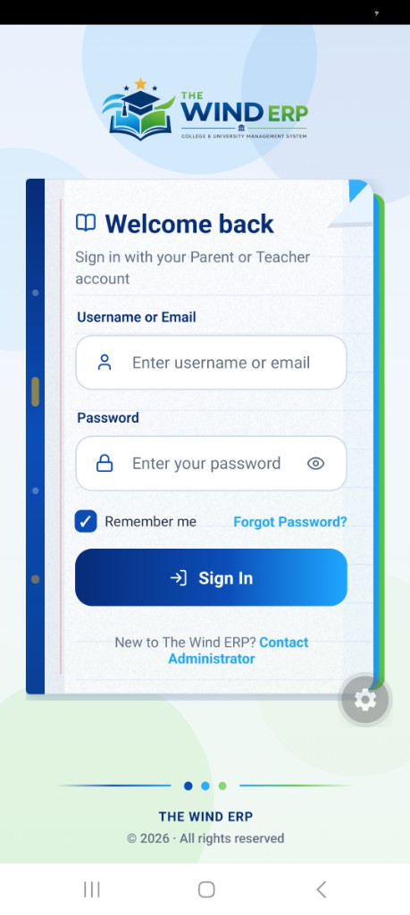 Shared THE WIND ERP login with Parent and Teacher portal sign-in