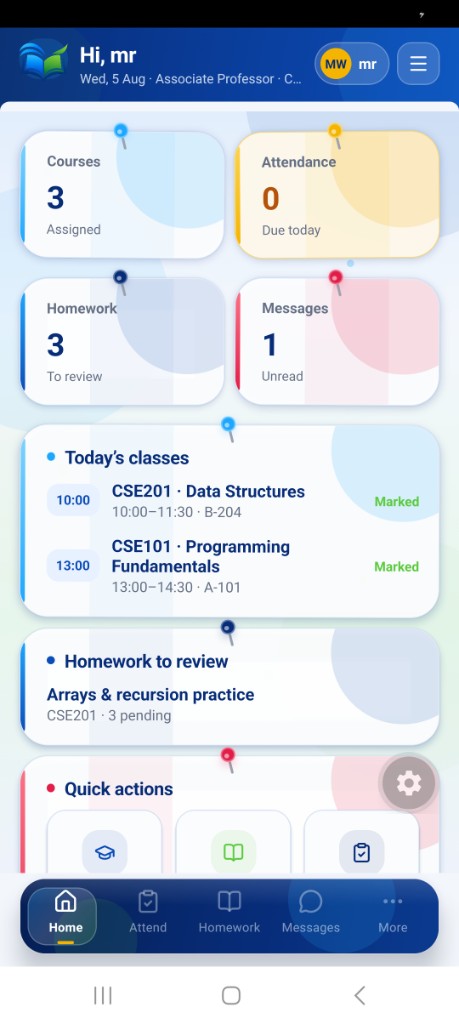 Teacher home dashboard with courses, attendance, homework and today’s classes