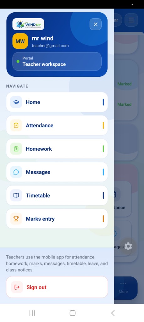 Teacher navigation drawer showing Teacher workspace and teaching tools