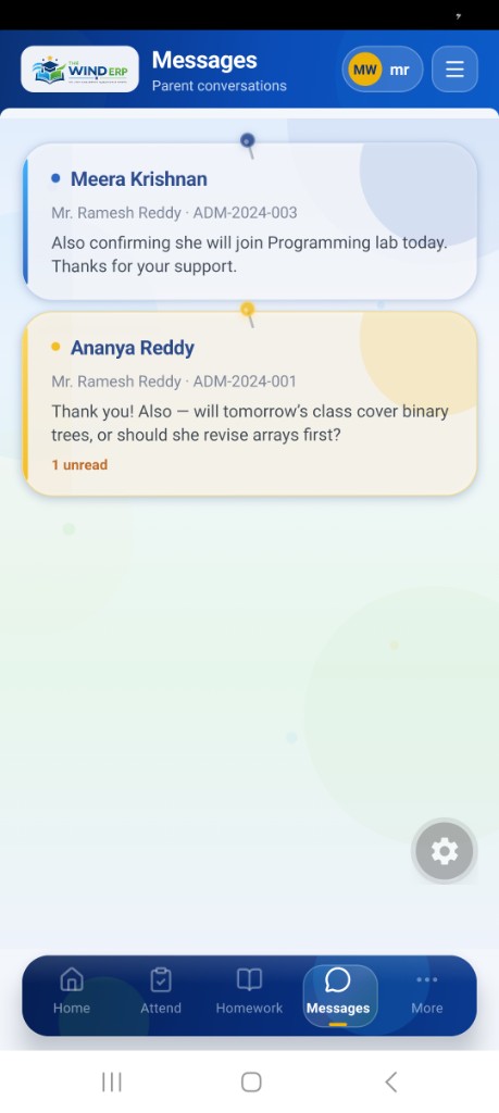 Teacher parent conversations message list