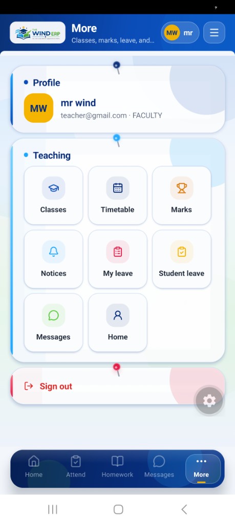 Teacher More menu with classes, timetable, marks, leave and notices
